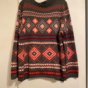 Talbots Gray Sweater Top Long Sleeve with Red and Pink Pattern, Women’s Size XL